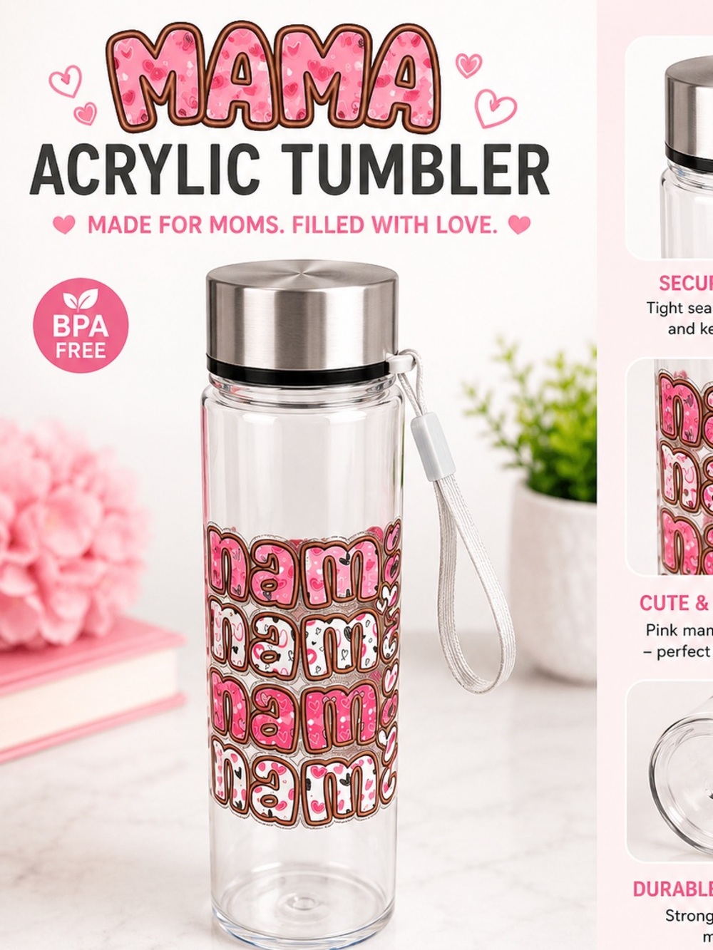 MAMA Hand Crafted Clear Water Bottle with Pink and Silver Accents